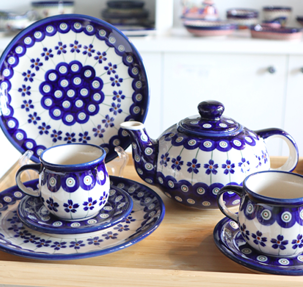 Ceramiczne naczynia, ręcznie malowane, ceramika artystyczna bolesławiec dekoracja 166A kobaltowe kwiaty, groszki,  zakłady ceramiczne bolesławiec