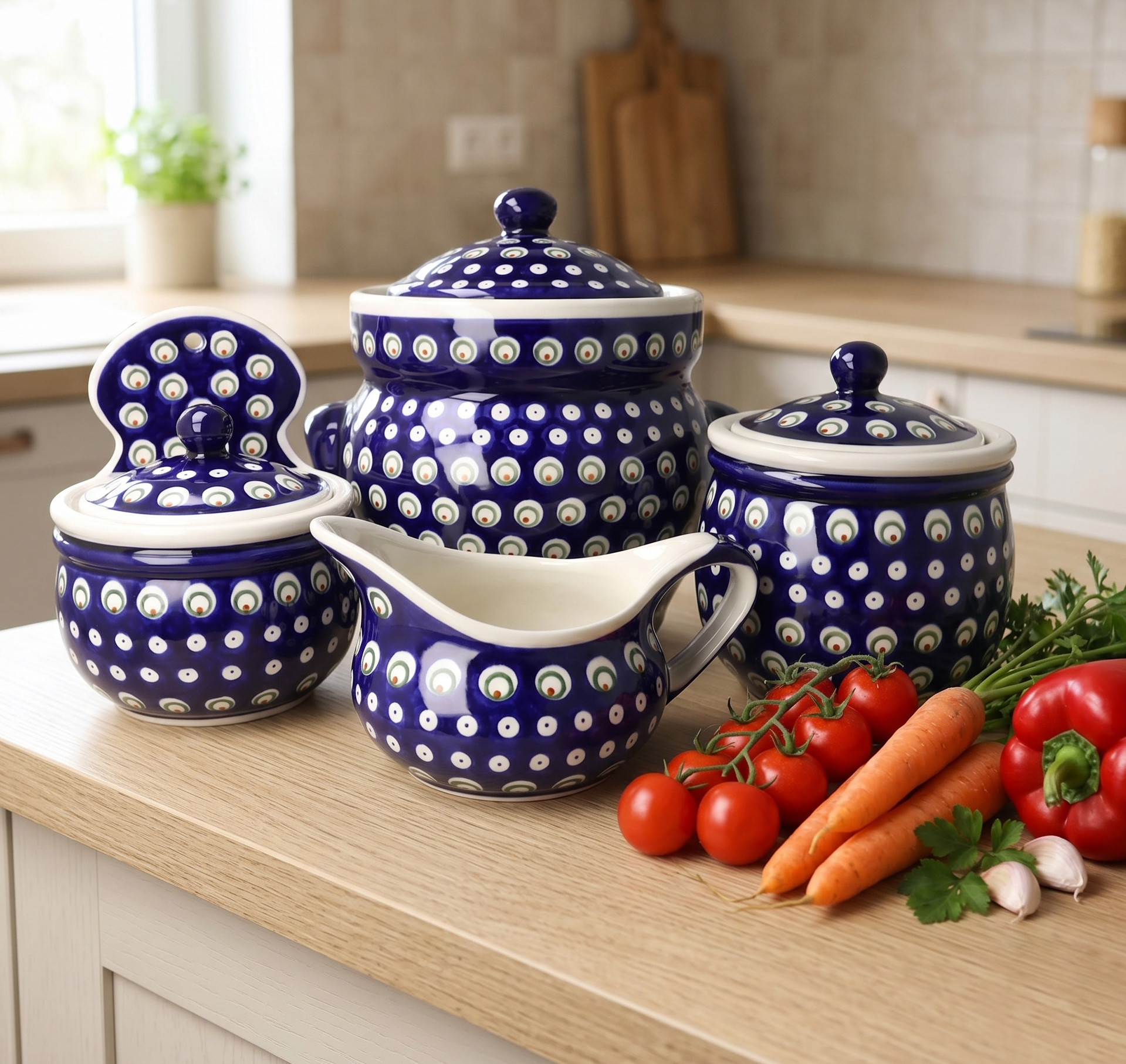 Ceramiczne naczynia, ręcznie malowane, ceramika artystyczna bolesławiec dekoracja 487 groszki, pawie oczka  zakłady ceramiczne bolesławiec