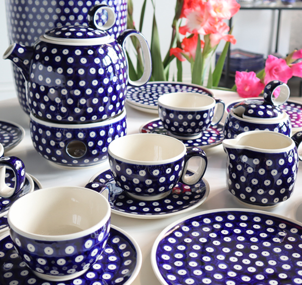 Ceramiczne naczynia, ręcznie malowane, ceramika artystyczna bolesławiec dekoracja 42 groszki, zakłady ceramiczne Bolesławiec
