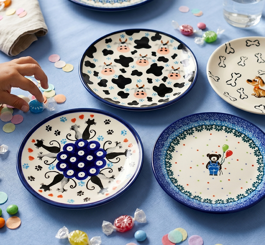 Ceramiczny komplet kubek i talerz z motywem misia z balonami ceramika bolesławiec