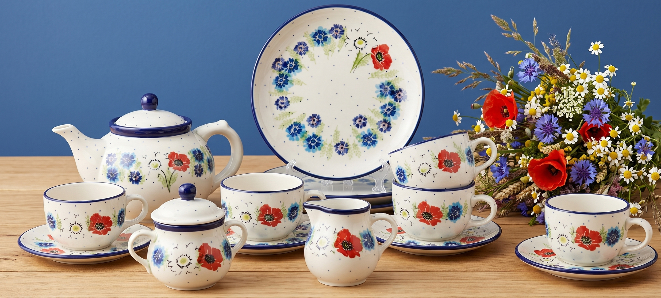 Ceramiczne serwisy do kawy i herbaty, zestawy do kawy i herbaty, czajnik, filiżanka w kwiatuszki na jasnym tle wykanane z Ceramiki Bolesławiec