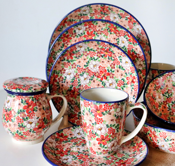 Ceramiczne naczynia, ręcznie malowane, ceramika artystyczna bolesławiec dekoracja U5004 czerwone kwiaty