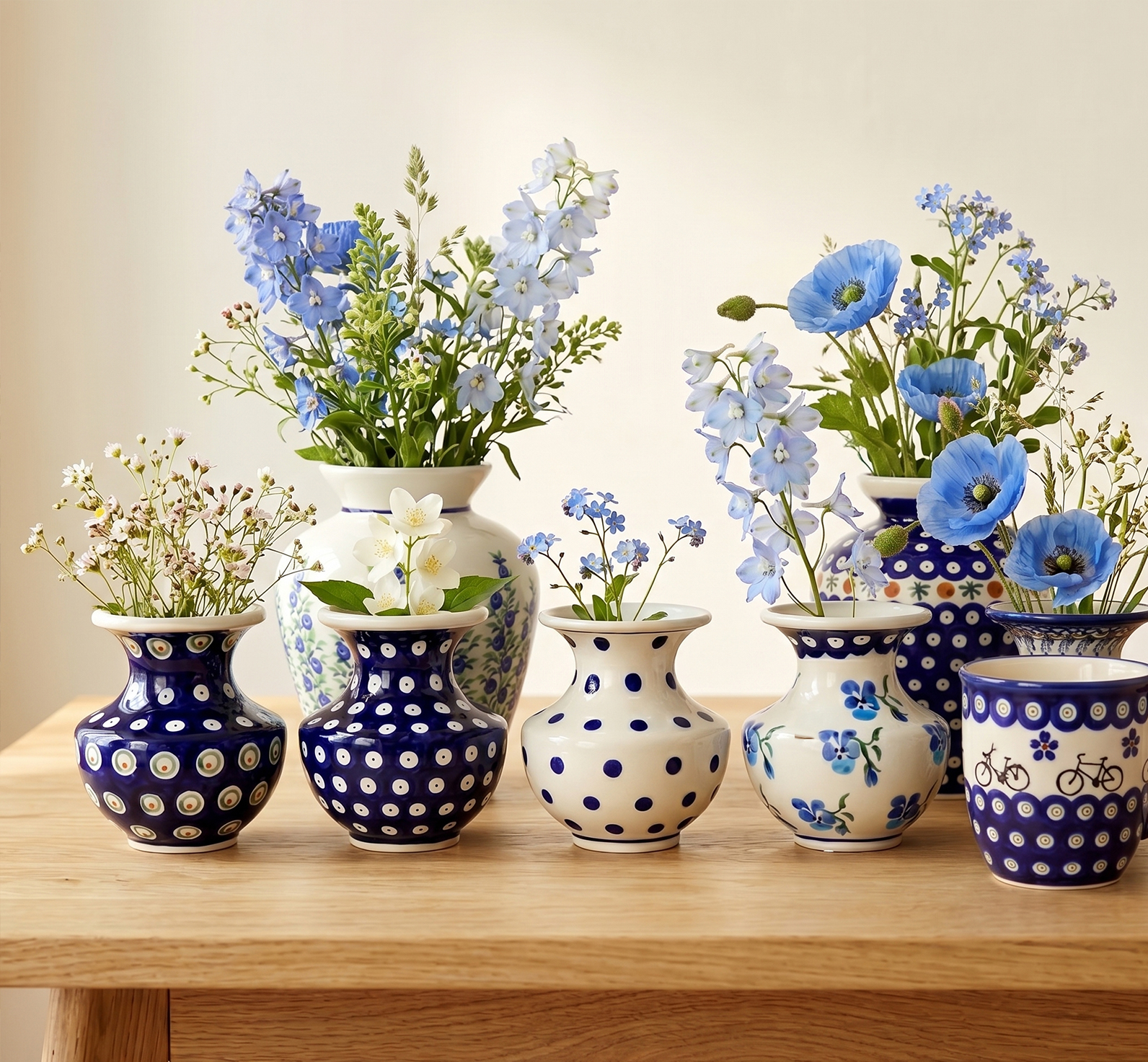 Ceramiczne, wysokie wazony na kwiaty, z motywem kwiatów, kropek, różne kolory wykonane z Ceramiki Bolesławiec